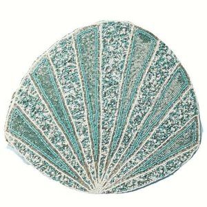x4 Coastal Collection Beaded Seashell Placemat Set Ocean Beach Turquoise Silver
